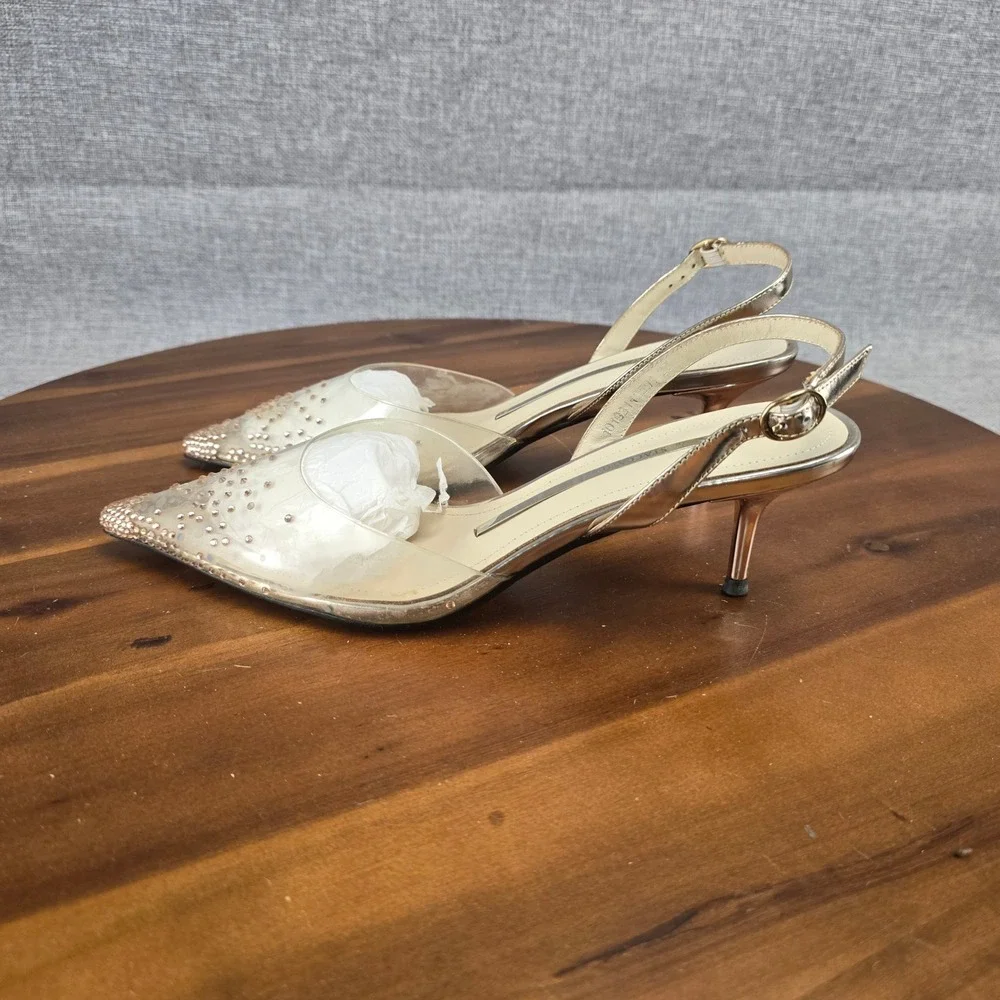 Staccato Gold Metallic Rhinestone Clear PVC Slingback Kitten Heels Size 37